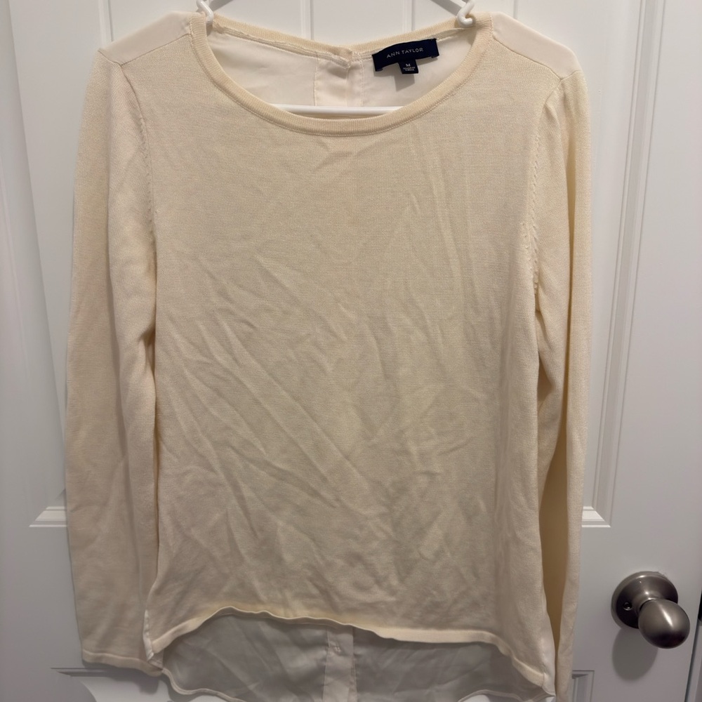 Ann Taylor Womens Cream Mixed Media‎ Button Back Sweater Top Size M Long Sleeve